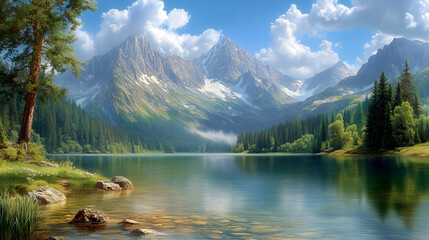 Krajobraz  z wiecznie zielonym lasem i skalistymi szczytami pod słonecznym niebem