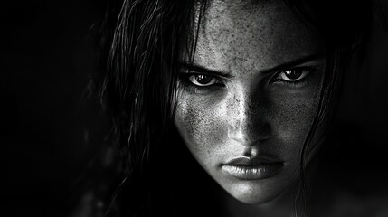 Fototapeta premium Angry woman, close-up portrait, dark background, film noir style, dramatic