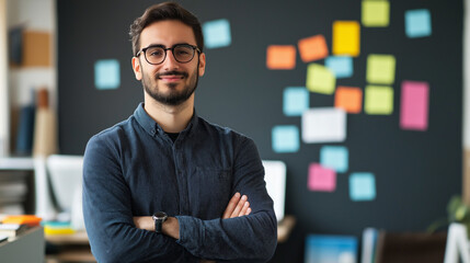 Fototapeta premium Startup founder in a minimalist modern workspace, standing in front of a motivational wall with inspiring quotes,