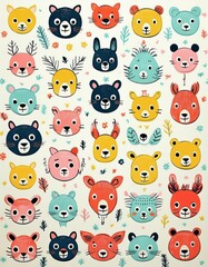 Colorido dibujo de dibujos animados con animales del bosque lindos y caras soleadas en un fondo ligero