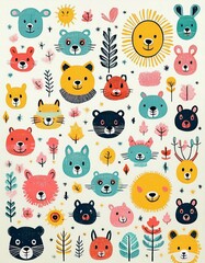 Fototapeta premium Colorido dibujo de dibujos animados con animales del bosque lindos y caras soleadas en un fondo ligero
