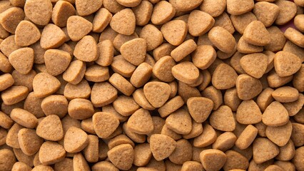 Obraz premium Dry dog food scattered on a surface in a pet food store showcases various triangular-shaped kibble pieces in a warm atmosphere