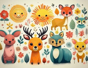 Obraz premium Colorido dibujo de dibujos animados con animales del bosque lindos y caras soleadas en un fondo ligero