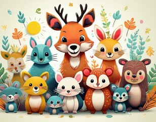 Naklejka premium Colorido dibujo de dibujos animados con animales del bosque lindos y caras soleadas en un fondo ligero