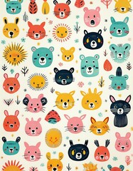 Obraz premium Colorido dibujo de dibujos animados con animales del bosque lindos y caras soleadas en un fondo ligero
