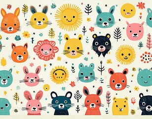 Obraz premium Colorido dibujo de dibujos animados con animales del bosque lindos y caras soleadas en un fondo ligero