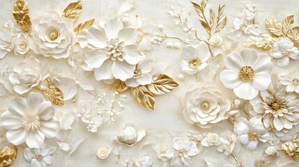 Regal floral aesthetic with glowing white blooms, sculpted golden leaves, and polished decorative highlights.