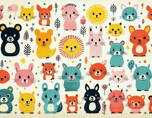 Obraz premium Colorido dibujo de dibujos animados con animales del bosque lindos y caras soleadas en un fondo ligero