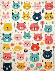 Colorido dibujo de dibujos animados con animales del bosque lindos y caras soleadas en un fondo ligero