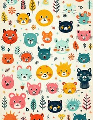 Colorido dibujo de dibujos animados con animales del bosque lindos y caras soleadas en un fondo ligero