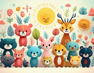 Fototapeta premium Colorido dibujo de dibujos animados con animales del bosque lindos y caras soleadas en un fondo ligero