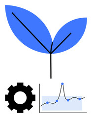 Leaf gear and line graph symbolize sustainable development technology and data analysis. Ideal for innovation, growth, ecology, environment, analytics, strategy, balance. Line metaphor
