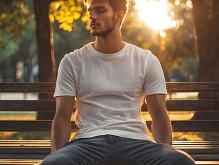 Man in plain white t-shirt sits on bench during beautiful evening light. Generative AI.