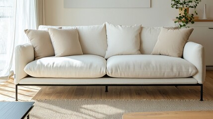 Modern white sofa in a bright living room with beige accents