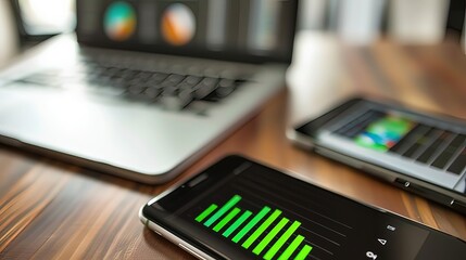 Close-up of a smartphone screen showing a software update progress bar, representing technology advancement and digital innovation in a modern workspace setting.