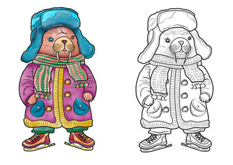 Naklejka premium Coloring page for kids, coloring, animals of the North, cute cartoon walrus