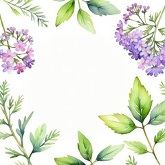 Naklejka premium A white background with a green leafy border and purple flowers