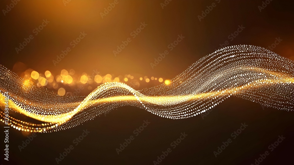 Poster abstract golden wave with sparkling particles on dark background