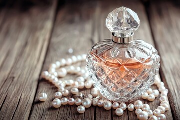 A stunning crystal perfume bottle sits atop a rustic wooden table, surrounded by delicate scattered pearls. The vintage charm of this arrangement enhances the allure of the setting