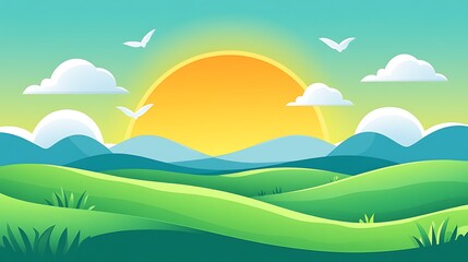 Fototapeta premium Serene Sunrise Over Rolling Green Hills And Blue Mountains