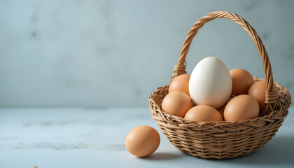 Wicker Basket Filled with Brown Eggs and One White Egg - Farm Fresh - Soft Background