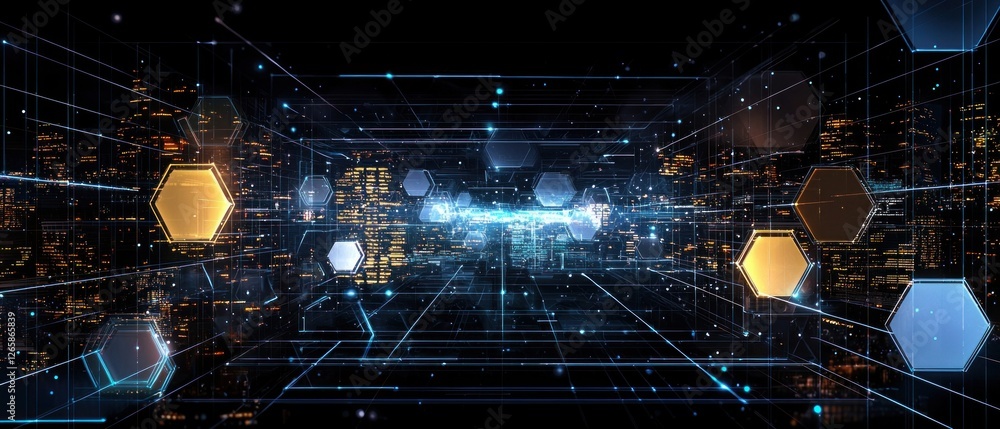 Poster Abstract Digital Network with Glowing Hexagons and Lines