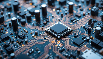 Close-up of Printed Circuit Board with Integrated Circuit - Green Background - Electronics Photography