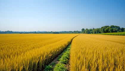Golden-Yellow Field of Crops with Green Path - Clear Blue Sky - Serene Agricultural Photography