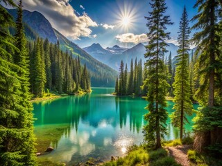 Joffre Lakes Provincial Park: Serene Middle Lake View Through Pine Trees, British Columbia, Canada