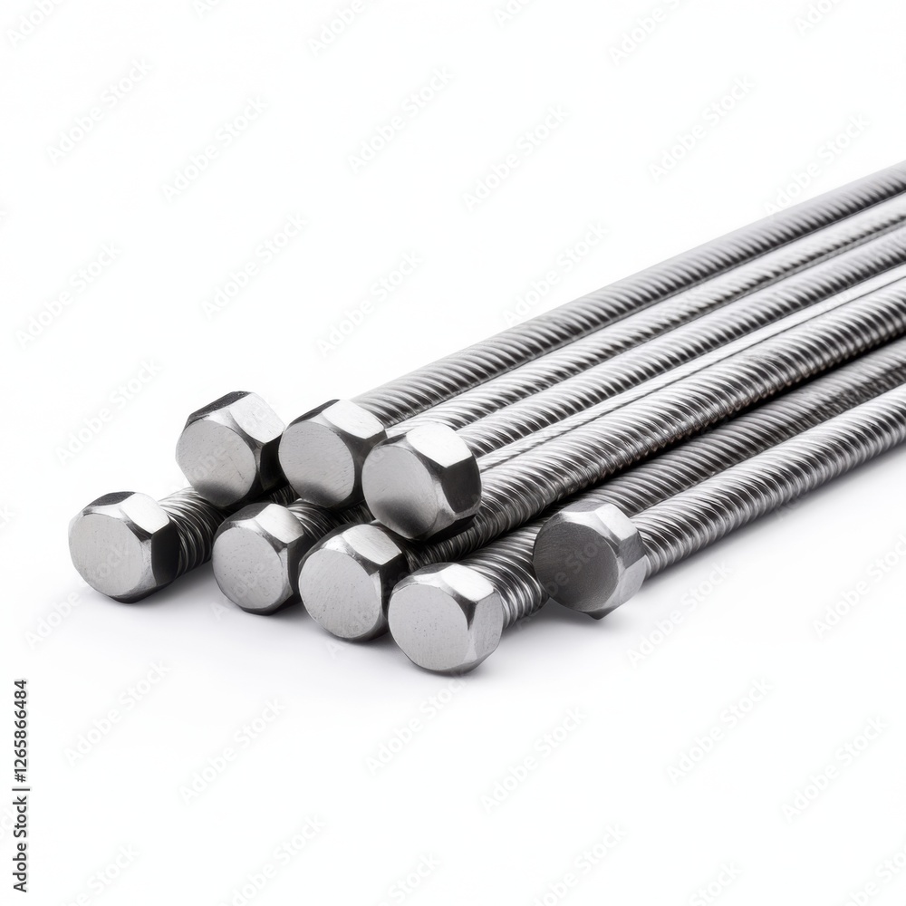 Poster close-up of shiny hexagonal bolts arranged in a visually striking pattern on a clean white backgroun