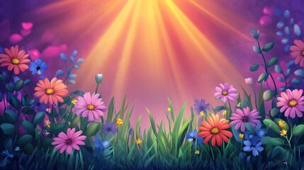 Fototapeta premium Enchanted Garden: A Radiant Field of Flowers Bathed in Golden Sunlight