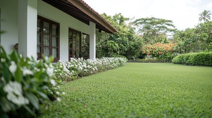 Fototapeta premium Tropical house garden, lush lawn, white flowers, tranquil background
