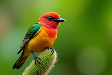 Fototapeta premium Vibrant Colorful Bird Perched on Cactus - Close Up Nature Photography