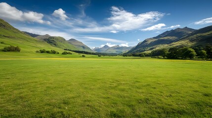 Fototapeta premium Bright Sunny Day Landscape of Lush Green Valley Meadow Surrounded by Mountains