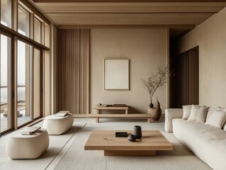 Serene and minimalist interior features a neutral color palette