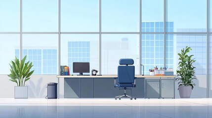 Fototapeta premium Empty Pixel Art Office Interior With City View