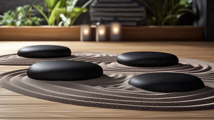 Tranquil Japanese Zen Garden with Raked Sand Patterns and Smooth Black Stones – Minimalist and Peaceful Aesthetic Wallpaper
