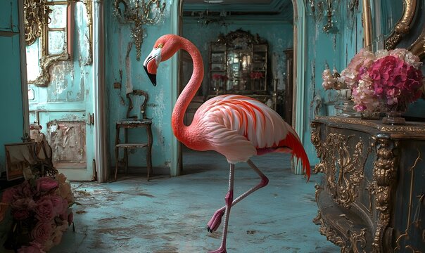Elegant Flamingo Posing in a Distressed Baroque Interior with Ornate Furniture and Flowers