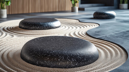 Tranquil Japanese Zen Garden with Raked Sand Patterns and Smooth Black Stones – Minimalist and Peaceful Aesthetic Wallpaper
