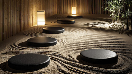 Tranquil Japanese Zen Garden with Raked Sand Patterns and Smooth Black Stones – Minimalist and Peaceful Aesthetic Wallpaper
