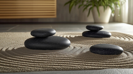 Tranquil Japanese Zen Garden with Raked Sand Patterns and Smooth Black Stones – Minimalist and Peaceful Aesthetic Wallpaper