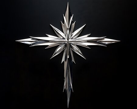 Silver cross with sharp, angular lines, isolated on a black background.