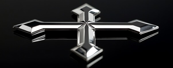 Silver cross with sharp, geometric edges on a black background.