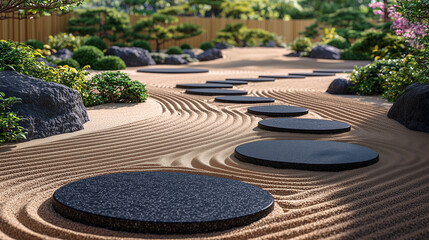 Tranquil Japanese Zen Garden with Raked Sand Patterns and Smooth Black Stones – Minimalist and Peaceful Aesthetic Wallpaper