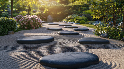 Tranquil Japanese Zen Garden with Raked Sand Patterns and Smooth Black Stones – Minimalist and Peaceful Aesthetic Wallpaper