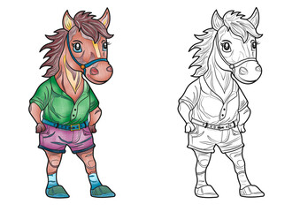 Coloring Page For Kids, Coloring, Pets And Birds, Cute Cartoon Horse