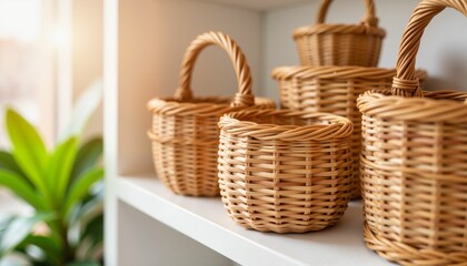 Obraz premium Woven baskets displayed on white shelf with green foliage