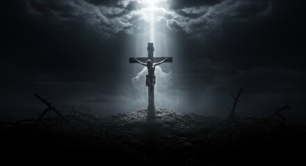 Jesus Christ carrying cloudy dark sky and sun light rays, way of the cross, stations of the cross, silhouettes of jesus christ, carrying his cross