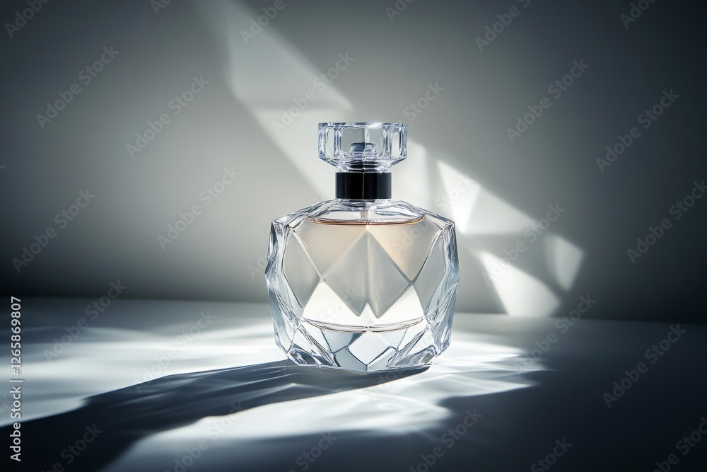 Poster a perfume bottle stands out against a backdrop of soft light, highlighting its facets and casting sh