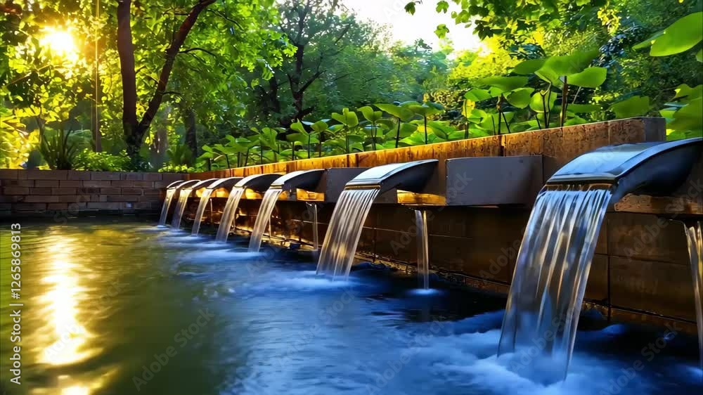 Poster a serene water feature with flowing streams, surrounded by lush greenery and sunlight filtering thro